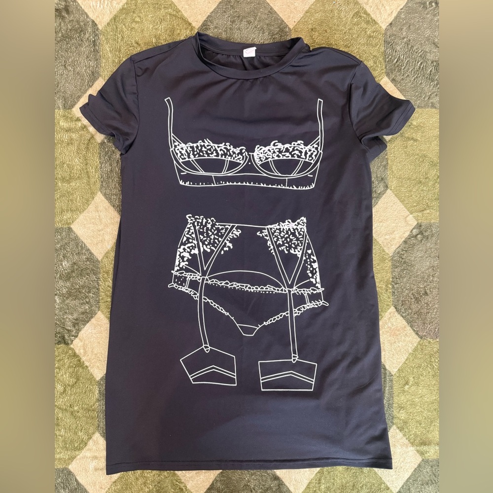 Women's Black Graphic Dress - Mock Lingerie Design